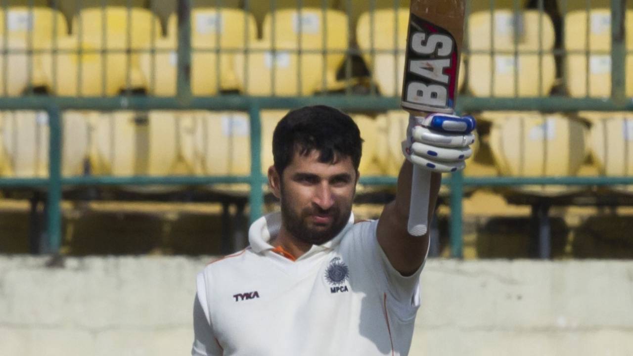 Rameez Khan raises his bat after getting to a century, Himachal Pradesh v Madhya Pradesh, Ranji Trophy 2019-20, 2nd day, Dharamsala, January 4, 2020