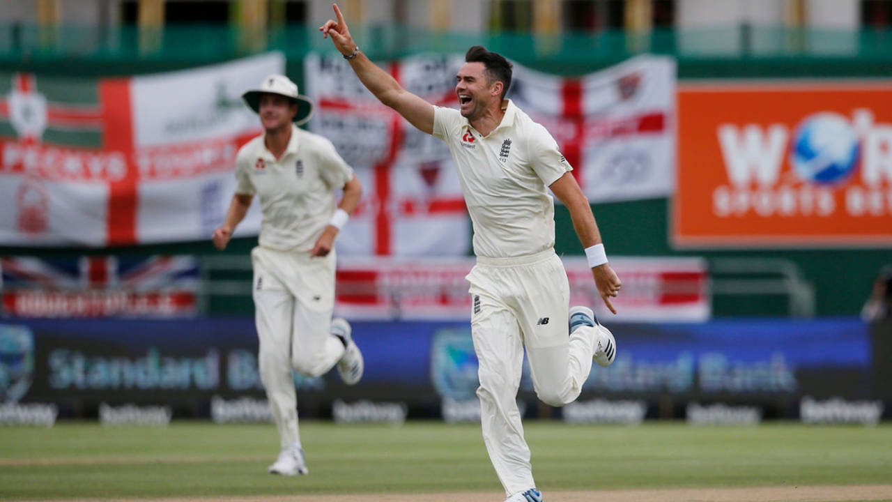 James Anderson celebrates taking the wicket of Kagiso Rabada, South Africa v England, 2nd Test, Cape Town, January 5, 2020