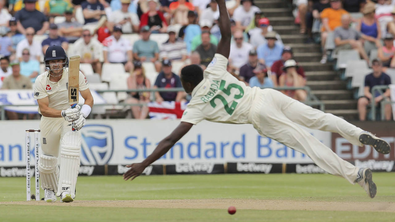 Joe Denly drives beyond the reach of Kagiso Rabada, South Africa v England, 2nd Test, Cape Town, January 5, 2020