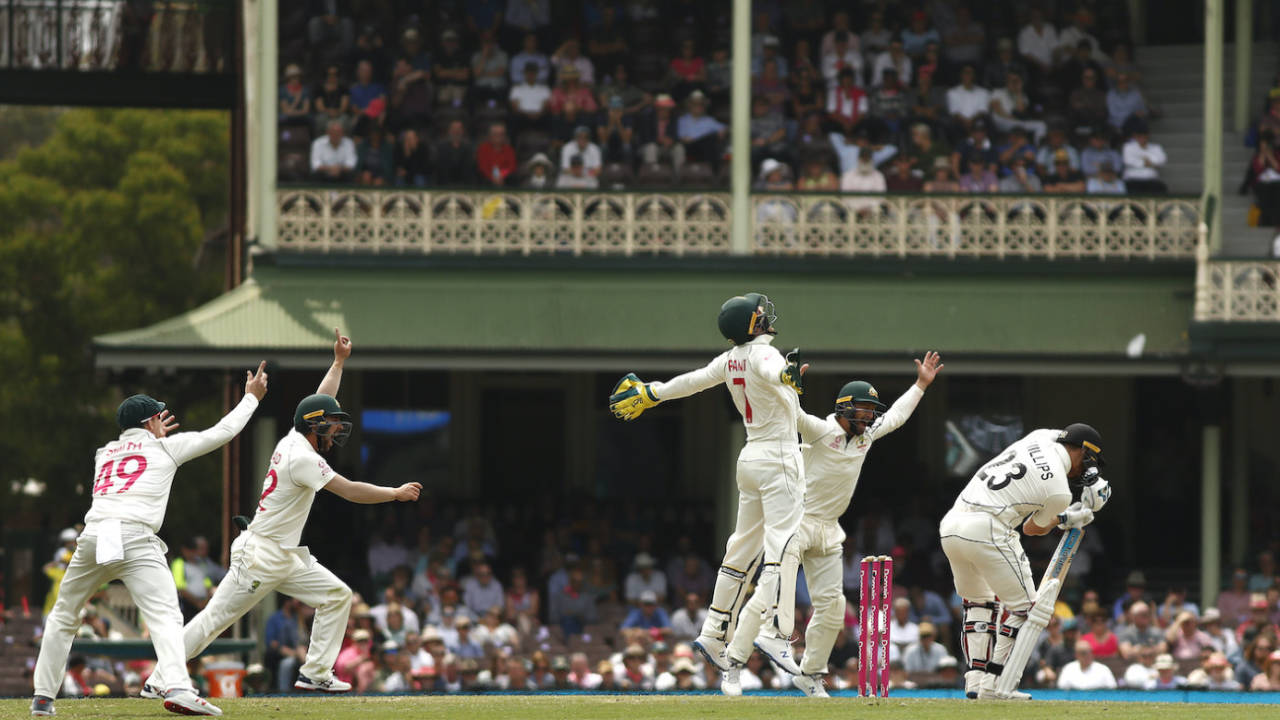 Australia celebrate as Tim Paine catches Glenn Phillips, Australia v New Zealand, 3rd Test, Sydney, 4th day, January 6, 2020