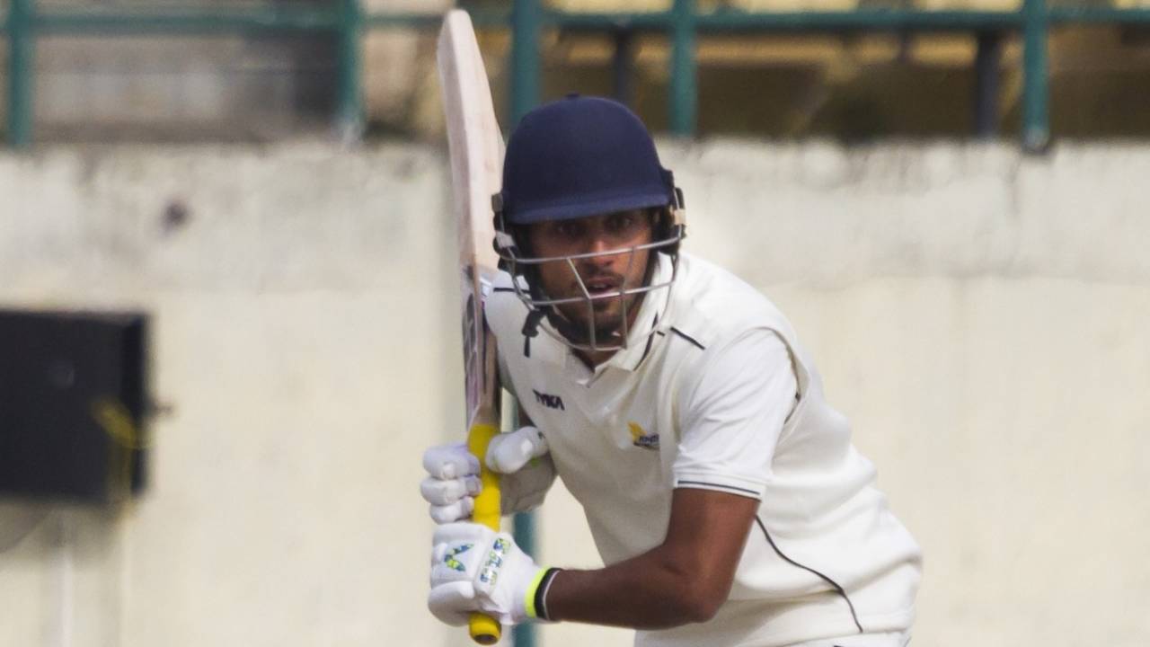 Priyanshu Khanduri gets into position to drive, Himachal Pradesh v Madhya Pradesh, Ranji Trophy 2019-20, 3rd day, Dharamsala, January 5, 2019