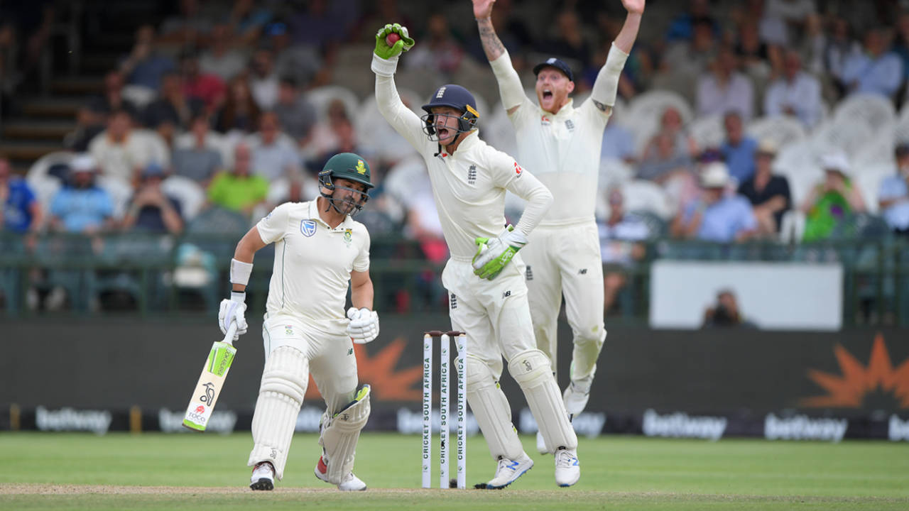 England appeal successfully for the wicket of Dean Elgar, South Africa v England, 2nd Test, Cape Town, 4th day, January 6, 2020