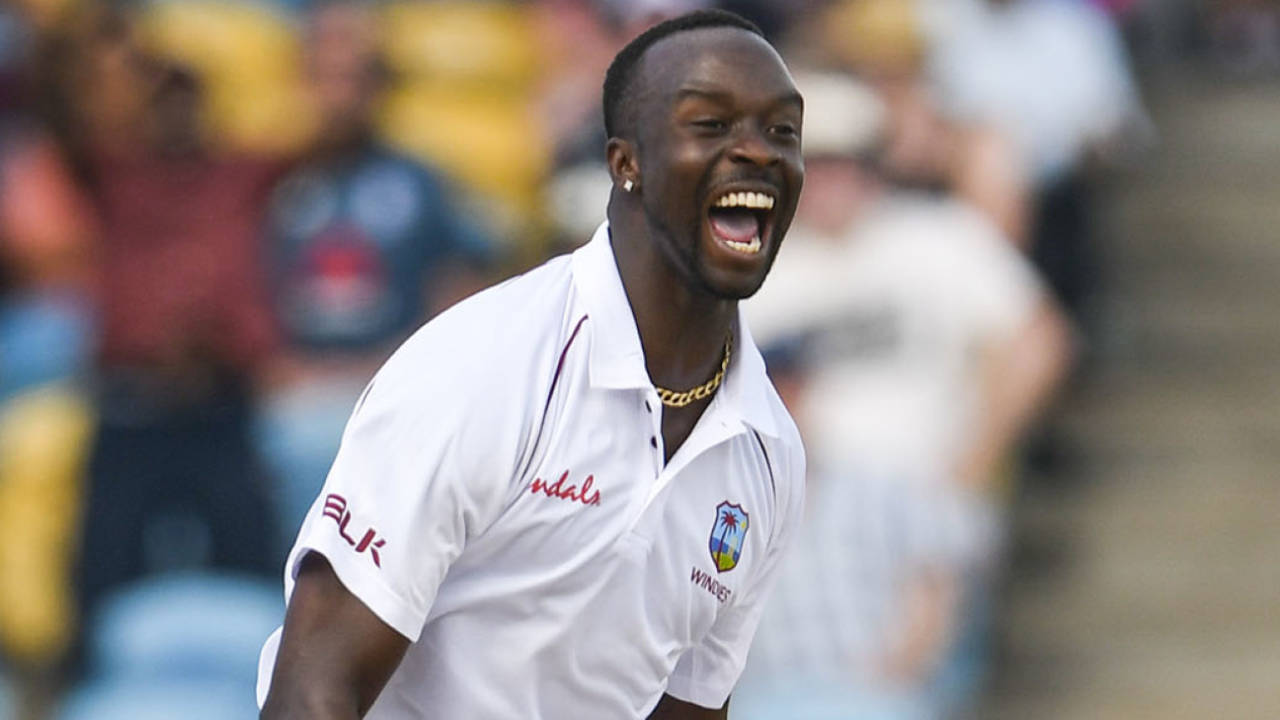 Kemar Roach celebrates the dismissal of Jos Buttler, West Indies v England, 1st Test, Barbados, 2nd day, January 24, 2019