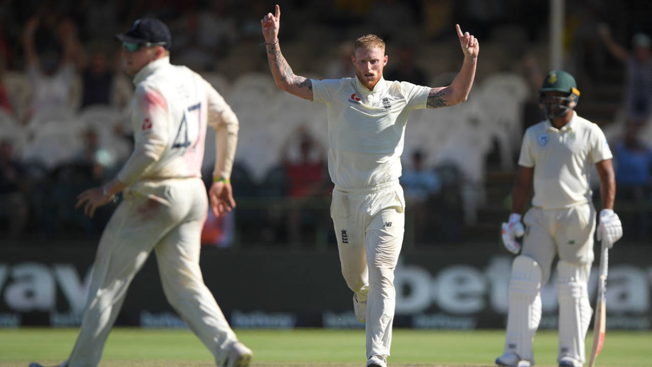 Ben Stokes celebrates the wicket of Dwaine Pretorius, South Africa v England, 2nd Test, Cape Town, 5th day, January 7, 2020