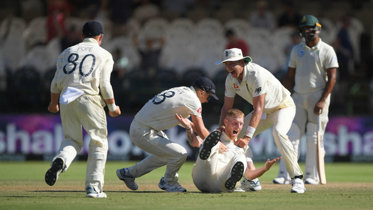 Ben Stokes claims his second wicket in as many balls, that of Anrich Nortje&nbsp;&nbsp;&bull;&nbsp;&nbsp;Getty Images