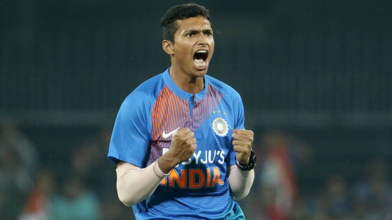 Navdeep Saini is pumped after another wicket, India v Sri Lanka, 2nd T20I, Indore, January 7, 2020