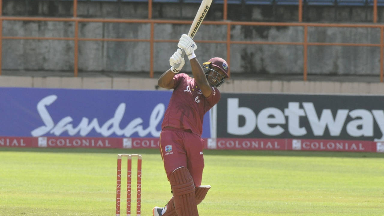 Evin Lewis hits down the ground during his hundred, West Indies v Ireland, 3rd ODI, Grenada, January 12, 2020