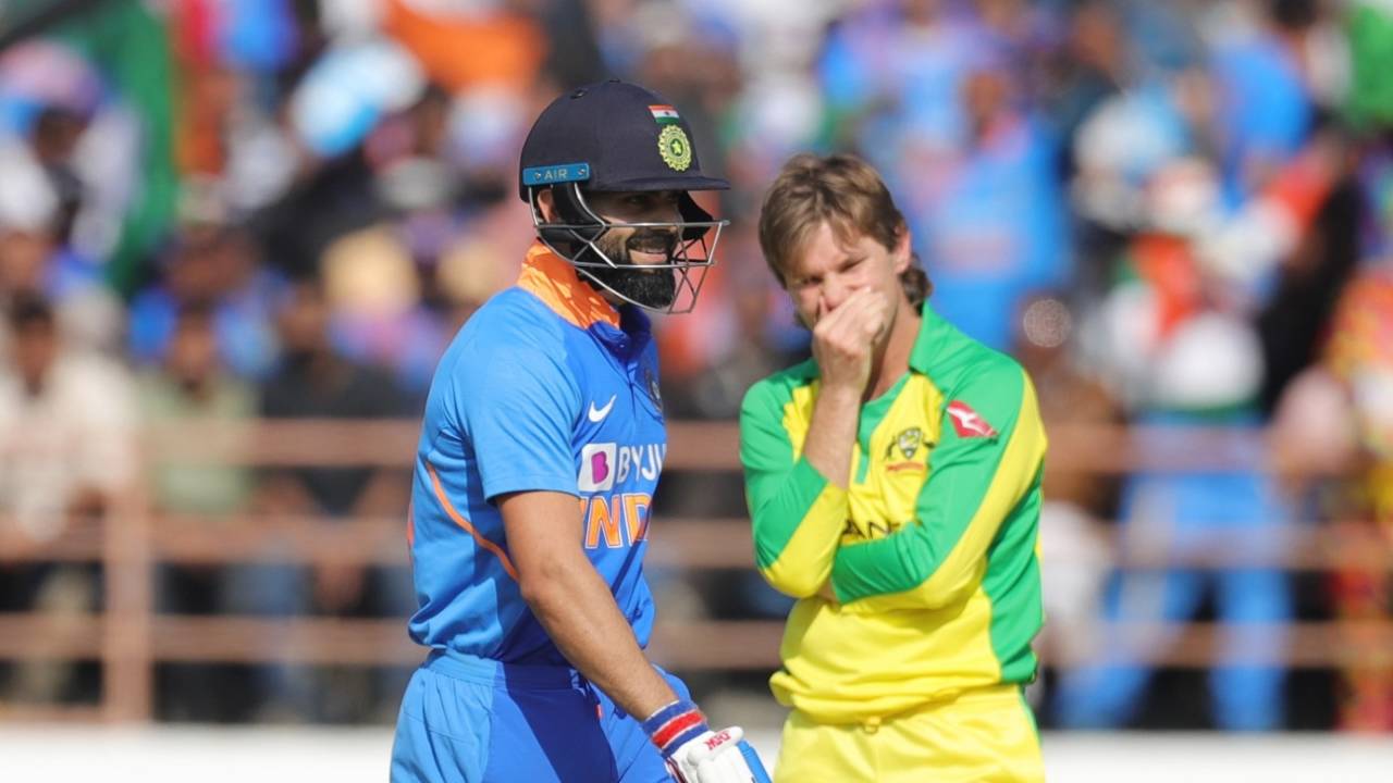 Virat Kohli and Adam Zampa share a light moment, India v Australia, 2nd ODI, Rajkot, January 17, 2020