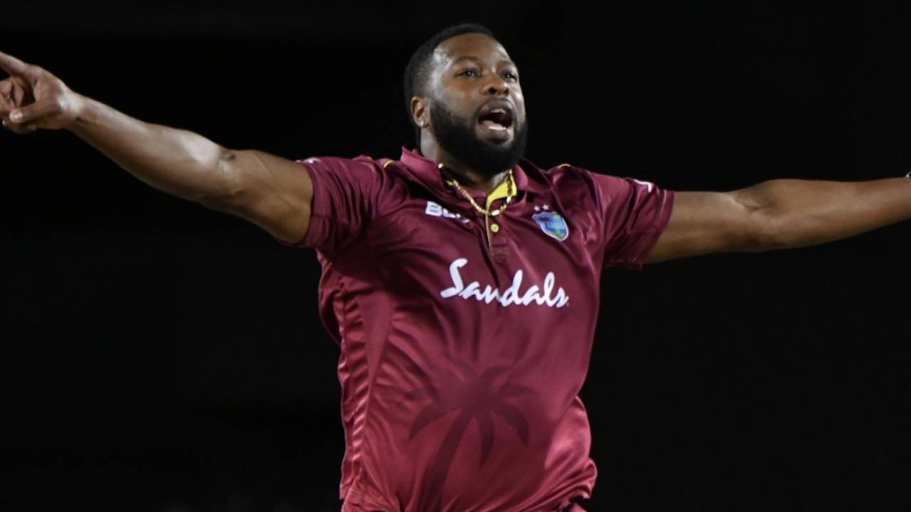 Kieron Pollard celebrates after denting Ireland, West Indies v Ireland, 3rd T20I, St Kitts, January 19, 2020