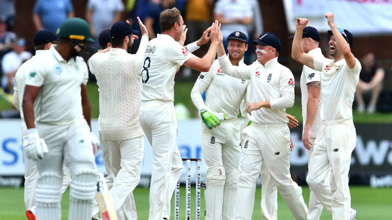 Stuart Broad celebrates with his team-mates, South Africa v England, 3rd Test, Port Elizabeth, 5th day, January 20, 2020