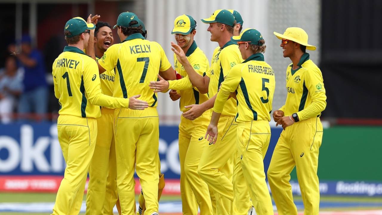 Tanveer Sangha is mobbed by his team-mates, Australia v Nigeria, Under-19 World Cup 2020, Kimberley, January 20, 2020