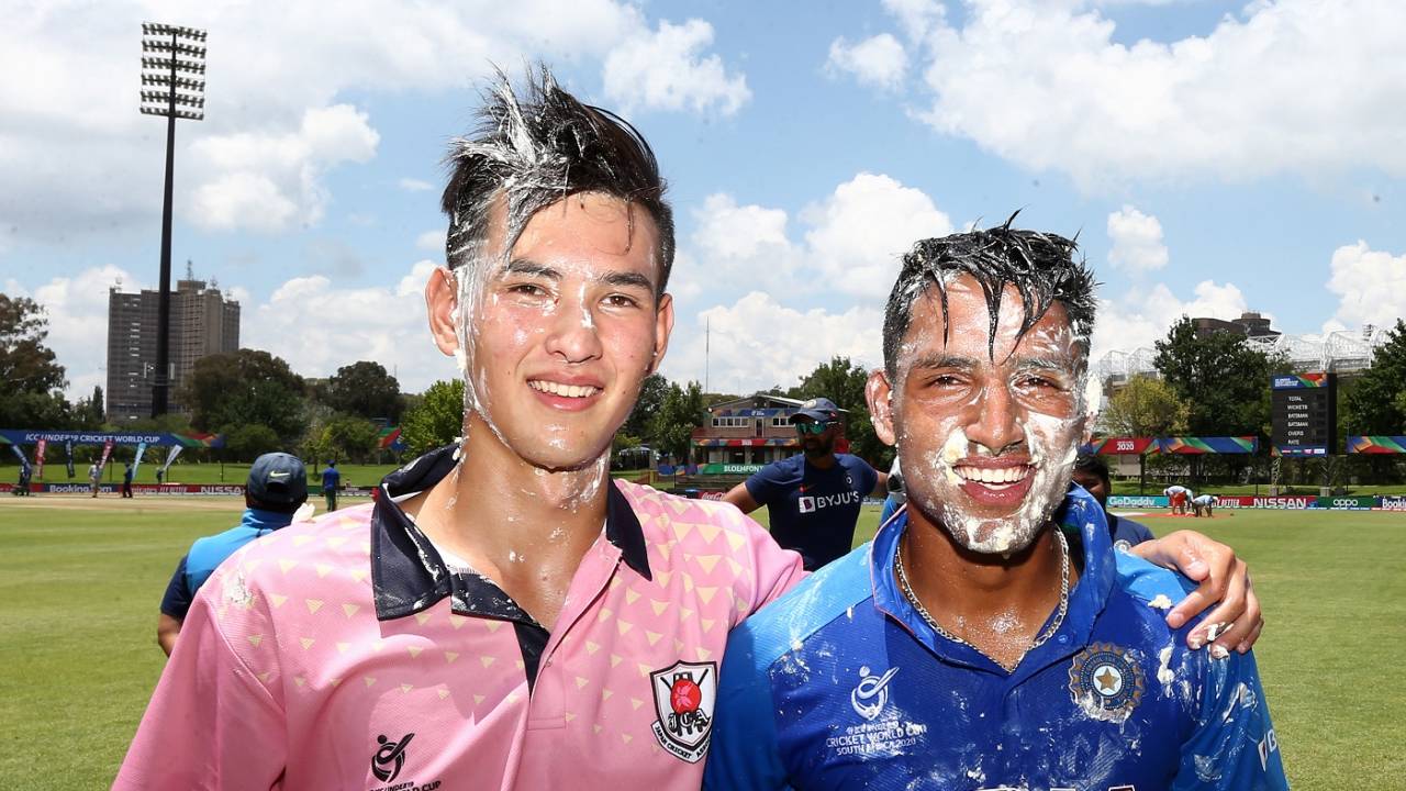 Cake-smeared birthday boys Kento Ota-Dobell and Dhruv Jurel, India v Japan, Under-19 World Cup 2020, Bloemfontein, January 21, 2020