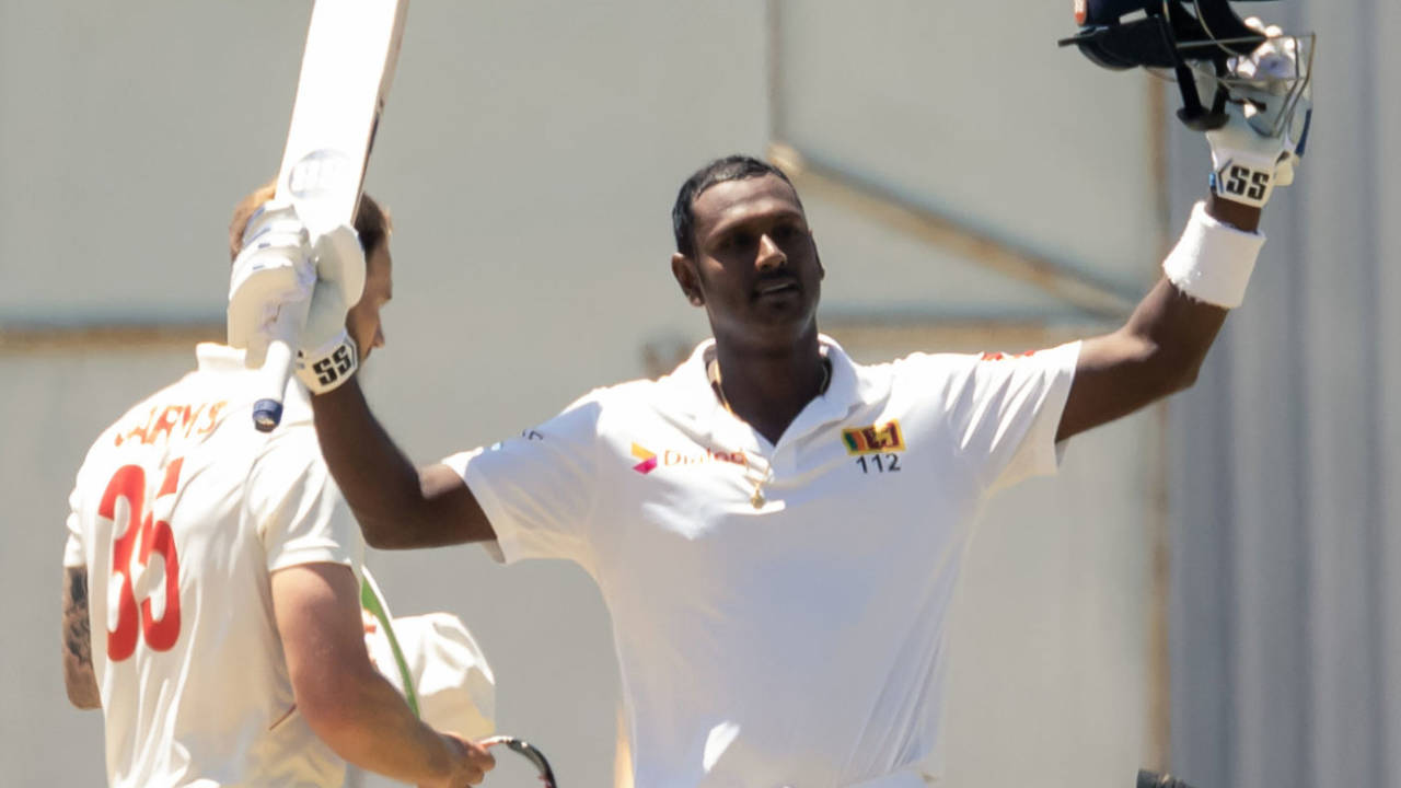Angelo Mathews celebrates his hundred, Zimbabwe v Sri Lanka, 1st Test, 4th day, Harare, January 22, 2020