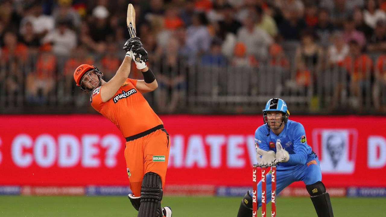 Liam Livingstone launches into one of his sixes, Perth Scorchers v Adelaide Strikers, Big Bash, Perth Stadium, January 25, 2020