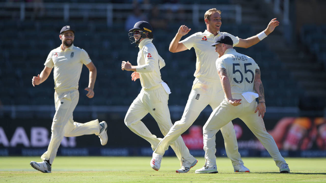 Stuart Broad celebrates as England close in, South Africa v England, 4th Test, Johannesburg, 4th day, January 27, 2020
