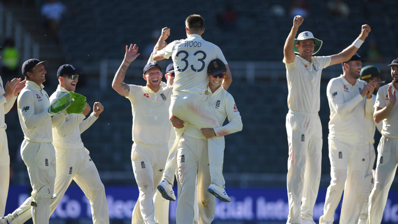 Mark Wood is lifted aloft after taking his final wicket, South Africa v England, 4th Test, Johannesburg, 4th day, January 27, 2020