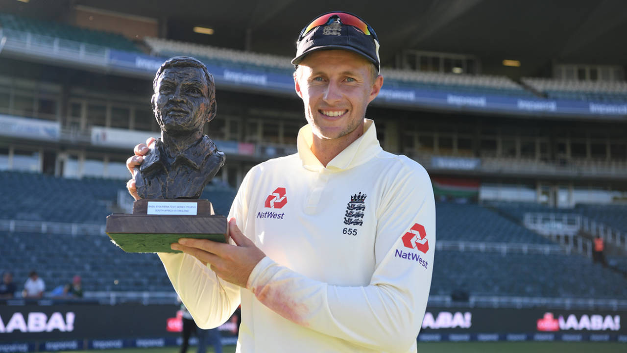 Joe Root poses with the Basil D'Oliveira Trophy, South Africa v England, 4th Test, Johannesburg, 4th day, January 27, 2020