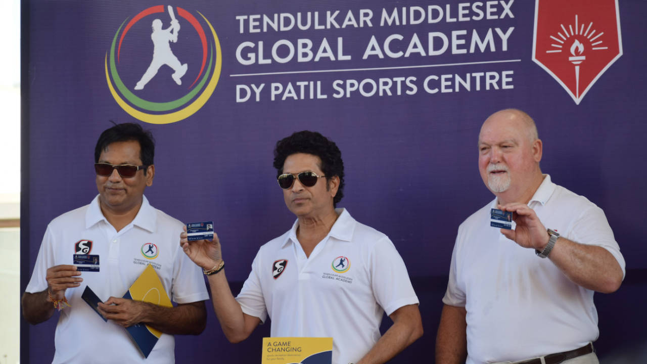 Vijay Patil, Sachin Tendulkar and Mike Gatting at the Tendulkar Middlesex Global Academy, Navi Mumbai, January 28, 2020