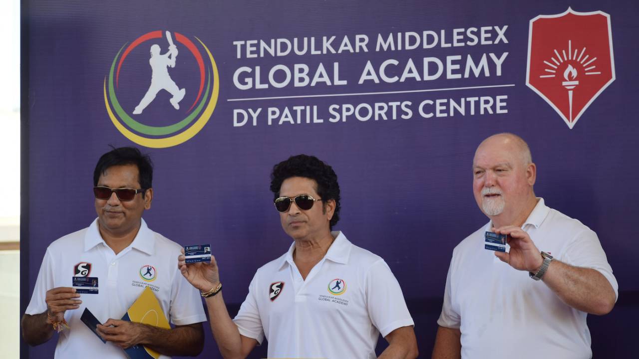 Vijay Patil, Sachin Tendulkar and Mike Gatting at the Tendulkar Middlesex Global Academy, Navi Mumbai, January 28, 2020
