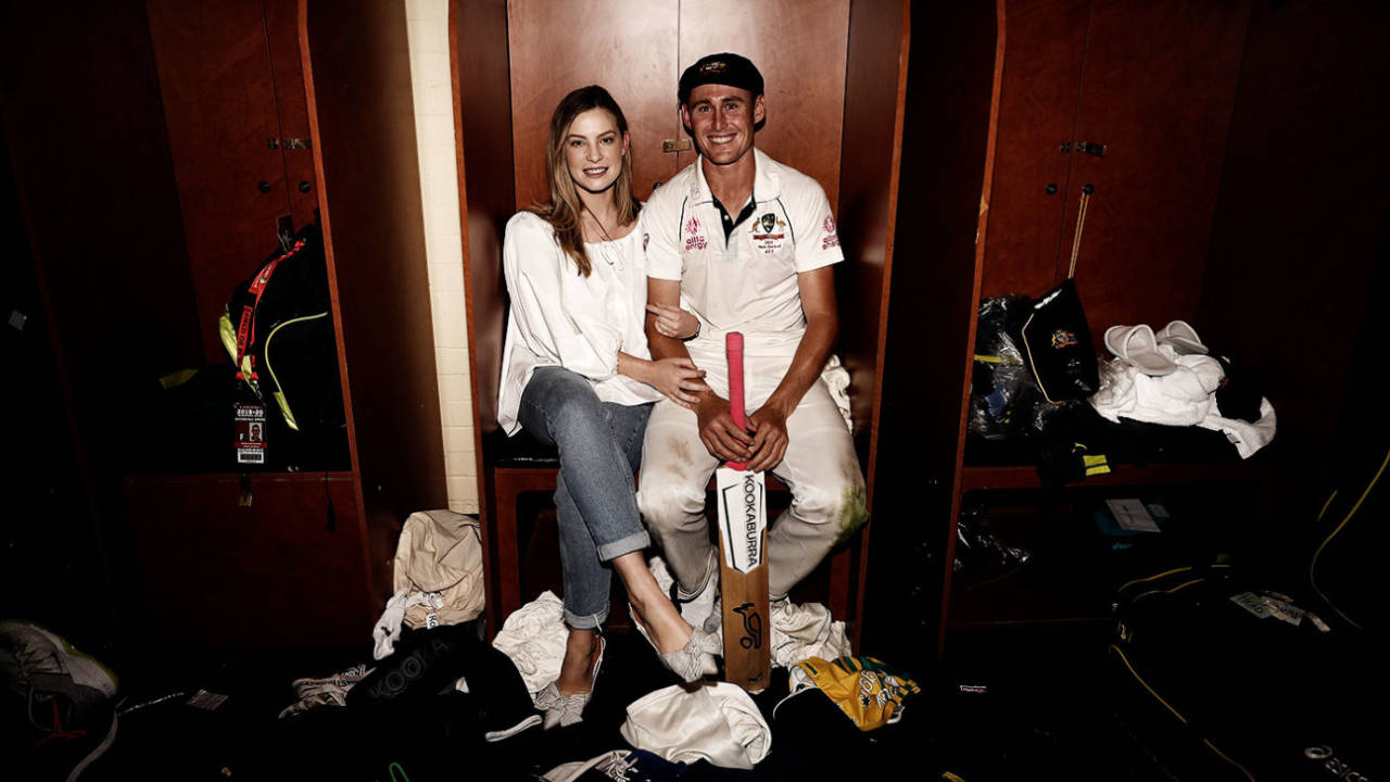 Marnus Labuschagne poses in the dressing room with his wife Rebekah, Australia v New Zealand, 3rd Test, Sydney, 4th day, January 6, 2020