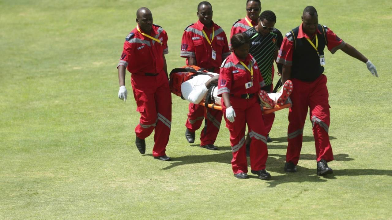 Kevin Kasuza is stretchered off the field after being hit on the helmet, Zimbabwe v Sri Lanka, 2nd Test, Harare, 3rd day, January 29, 2020