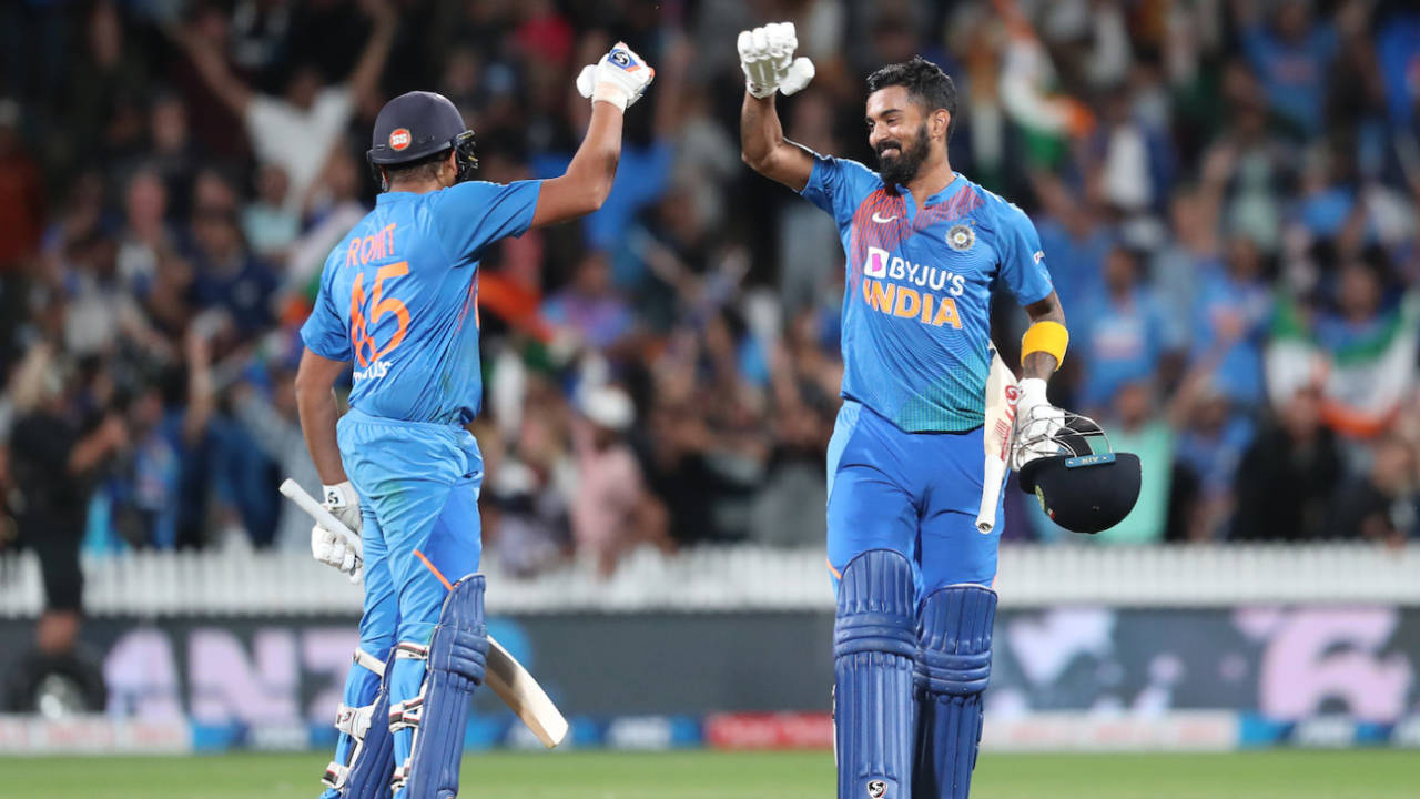 KL Rahul and Rohit Sharma celebrate India's thrilling win, New Zealand v India, 3rd T20I, Hamilton, January 29, 2020