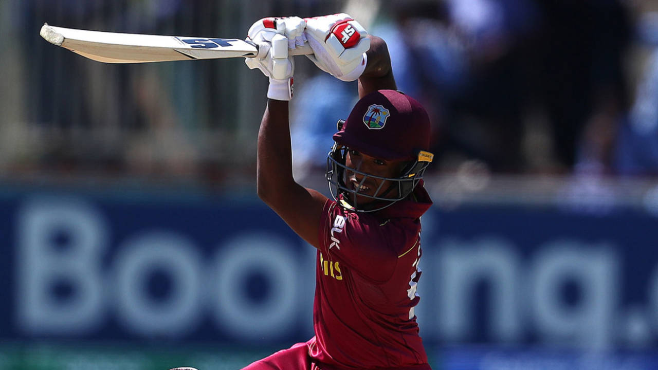 Leonardo Julien drives through the off side, West Indies v England, Under-19 World Cup, Kimberley, January 20, 2020