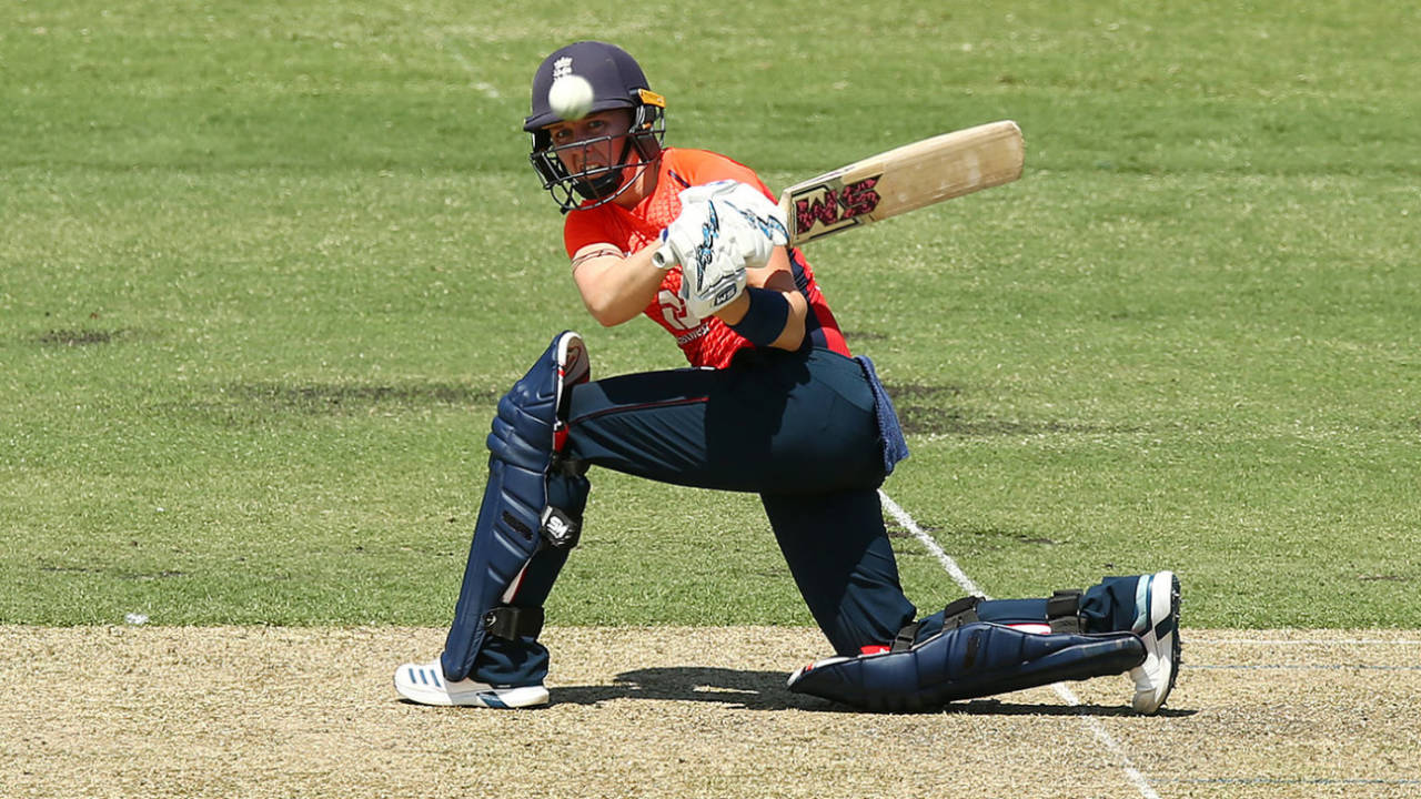 Heather Knight sweeps during her career-best, England v India, T20I tri-series, Canberra, January 31, 2020