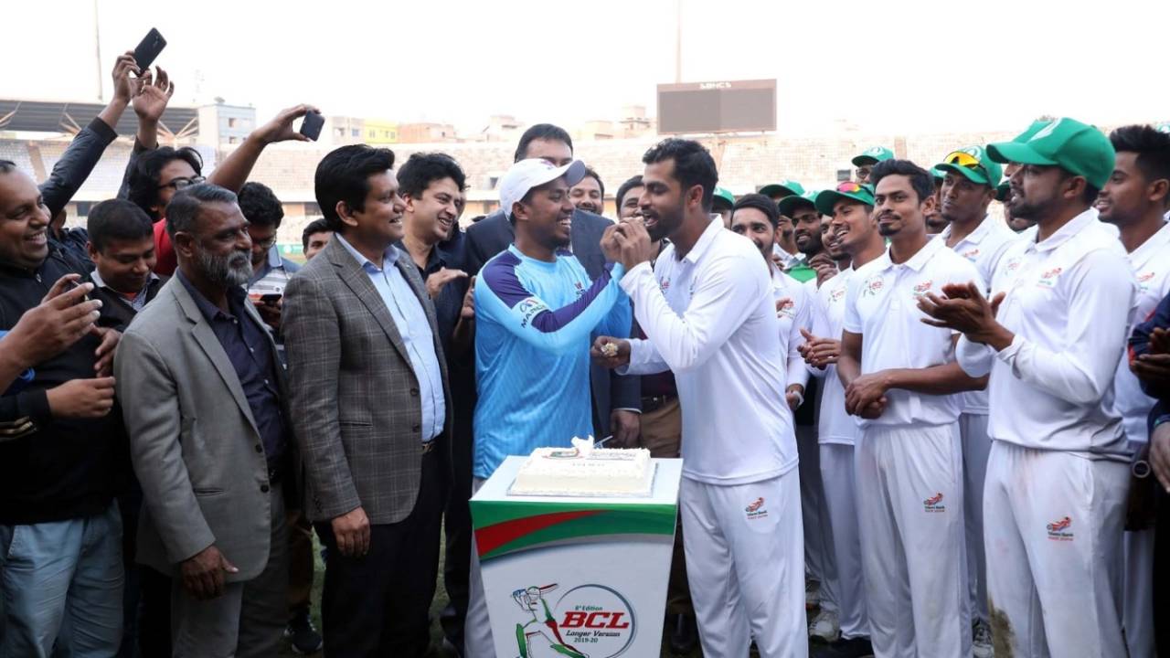 Raqibul Hasan, Bangladesh's only other first-class triple centurion, feeds Tamim Iqbal a piece of cakeCentral Zone v East Zone, Bangladesh Cricket League, 3rd day, Dhaka, February 2. 2020