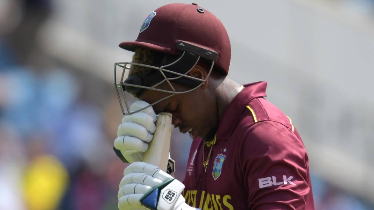Shimron Hetmyer can't quite believe what he's done as he walks off dismissed for 39, Afghanistan v West Indies. World Cup 2019, Headingley, July 4, 2019