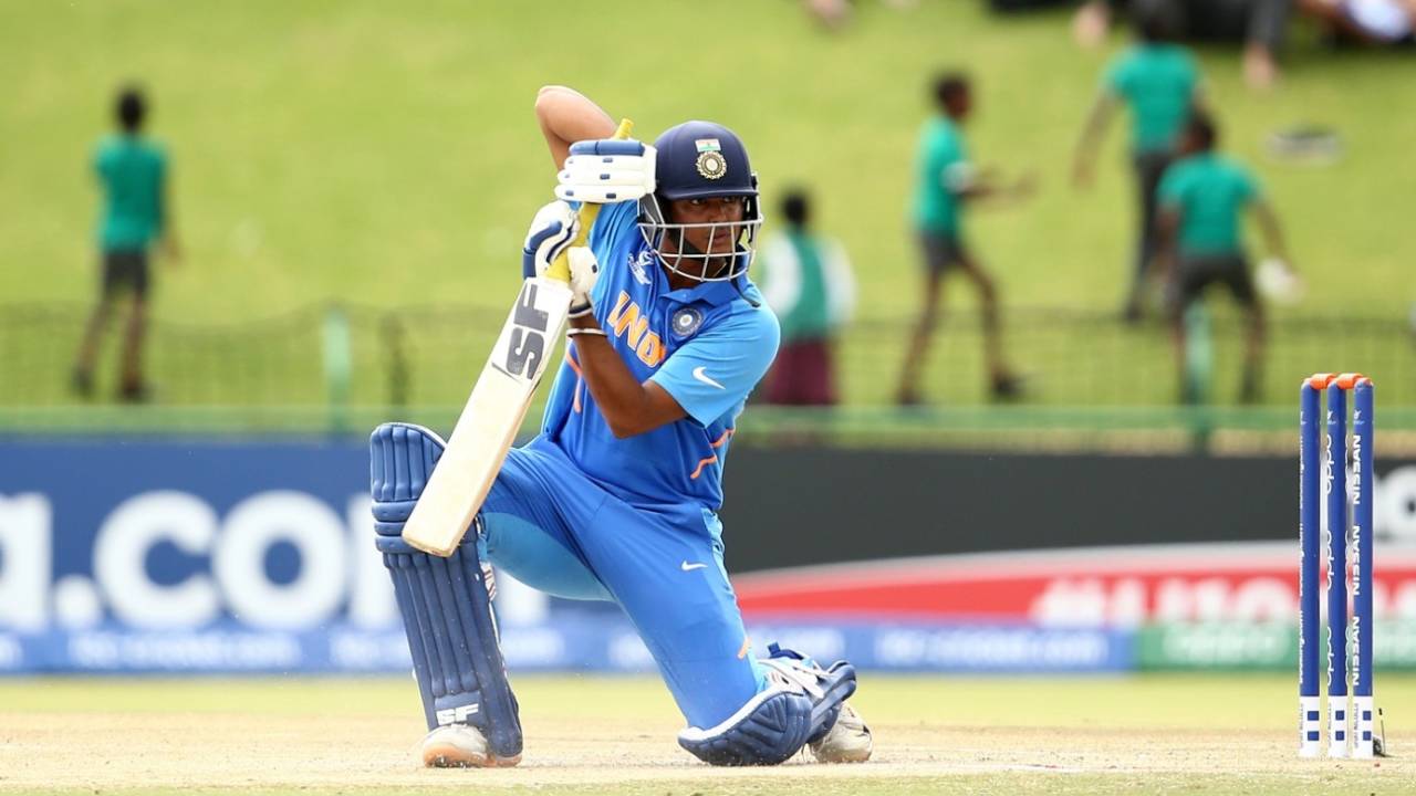 Divyaansh Saxena holds his pose after driving to the point boundary, India v Pakistan, U-19 World Cup semi-final, Potchefstroom, February 4, 2020