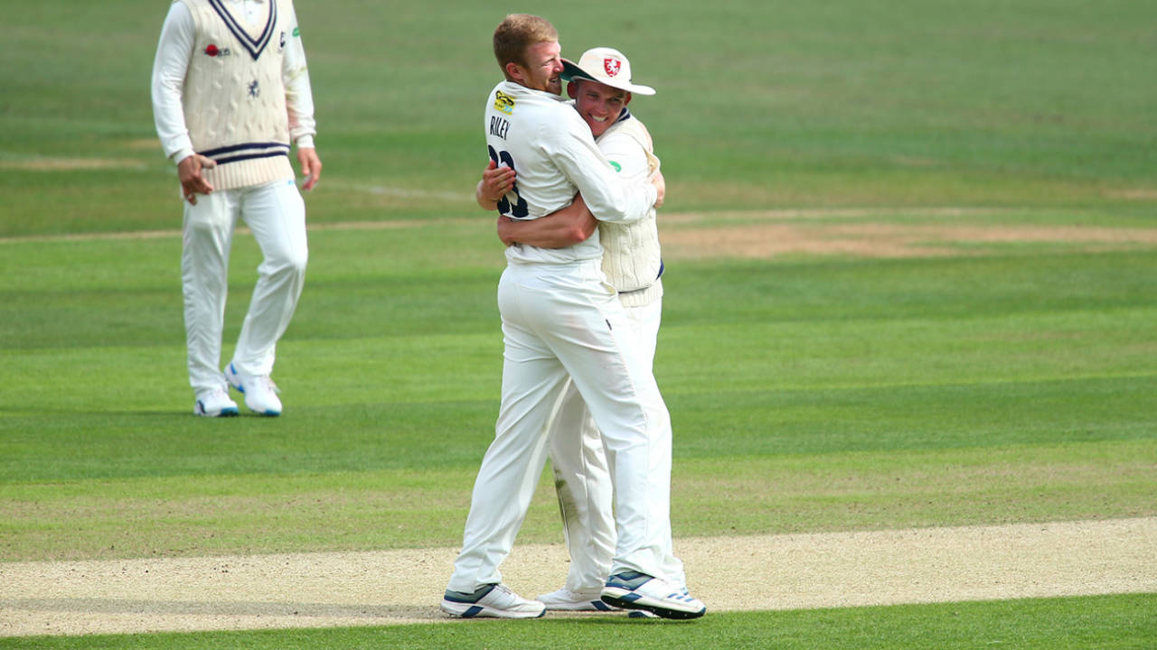 Adam Riley celebrates a wicket in his final first-class appearance, Kent v Surrey, County Championship Division One, Beckenham, May 20, 2019
