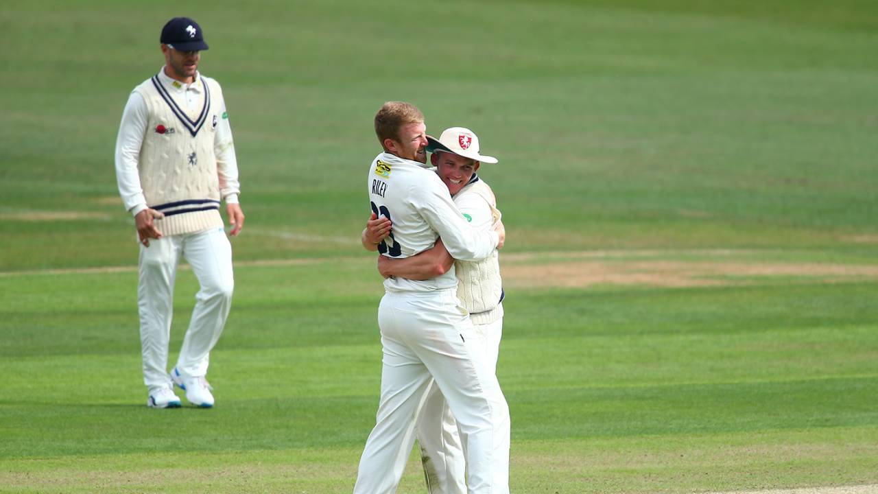 Adam Riley celebrates a wicket in his final first-class appearance, Kent v Surrey, County Championship Division One, Beckenham, May 20, 2019
