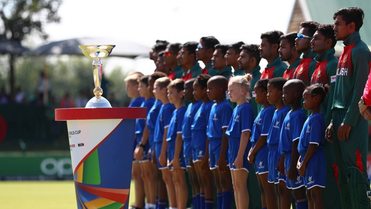 Bangladesh line up for the national anthems ahead of play, Bangladesh U-19s v India U-19s, Final, Potchefstroom, February 9, 2020