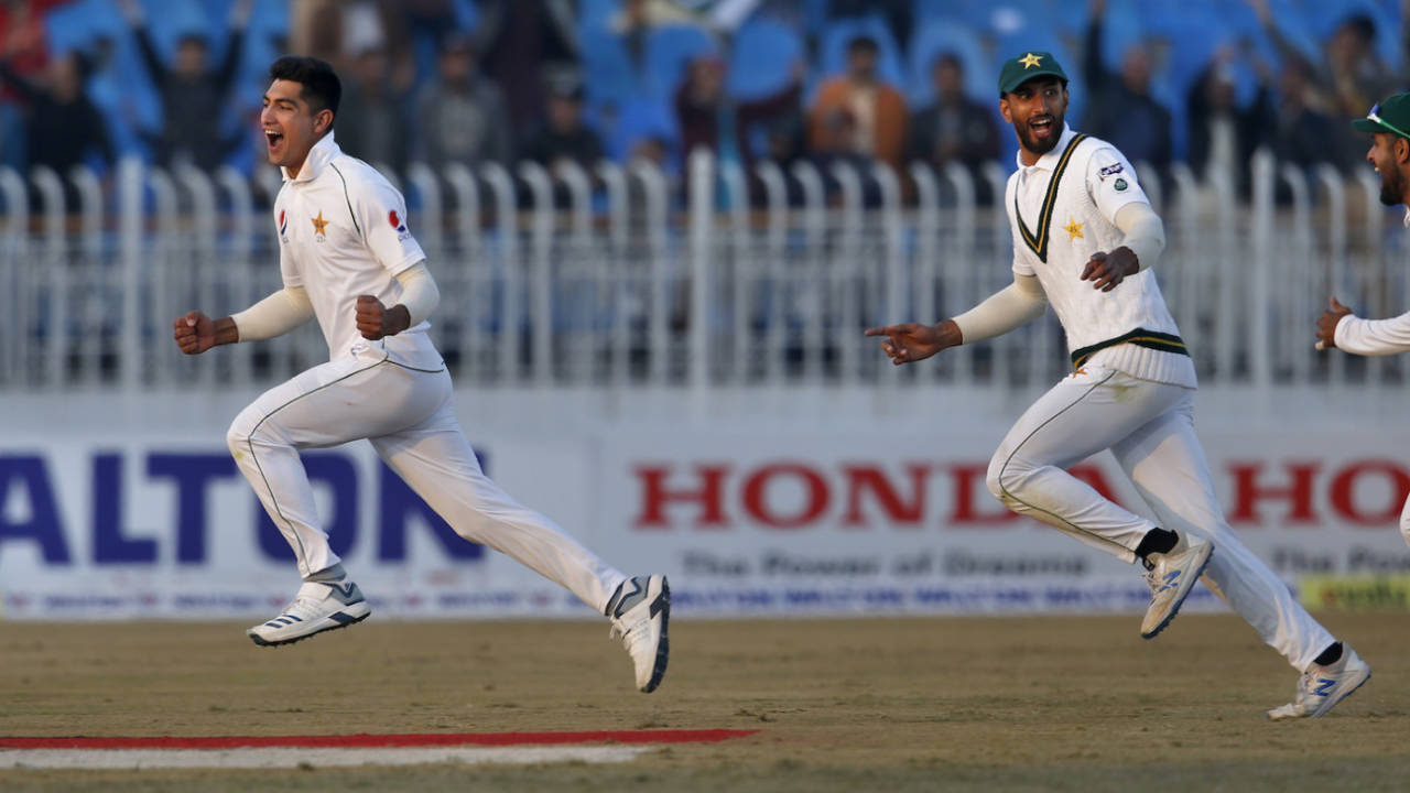Naseem Shah takes off after his hat-trick, Pakistan v Bangladesh, 1st Test, Rawalpindi, 3rd day, February 9, 2020