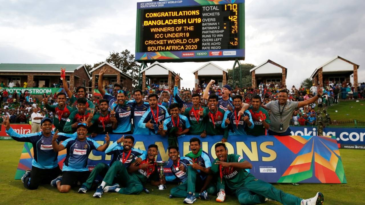 A joyous Bangladesh team after winning the 2020 Under-19 World Cup&nbsp;&nbsp;&bull;&nbsp;&nbsp;ICC via Getty