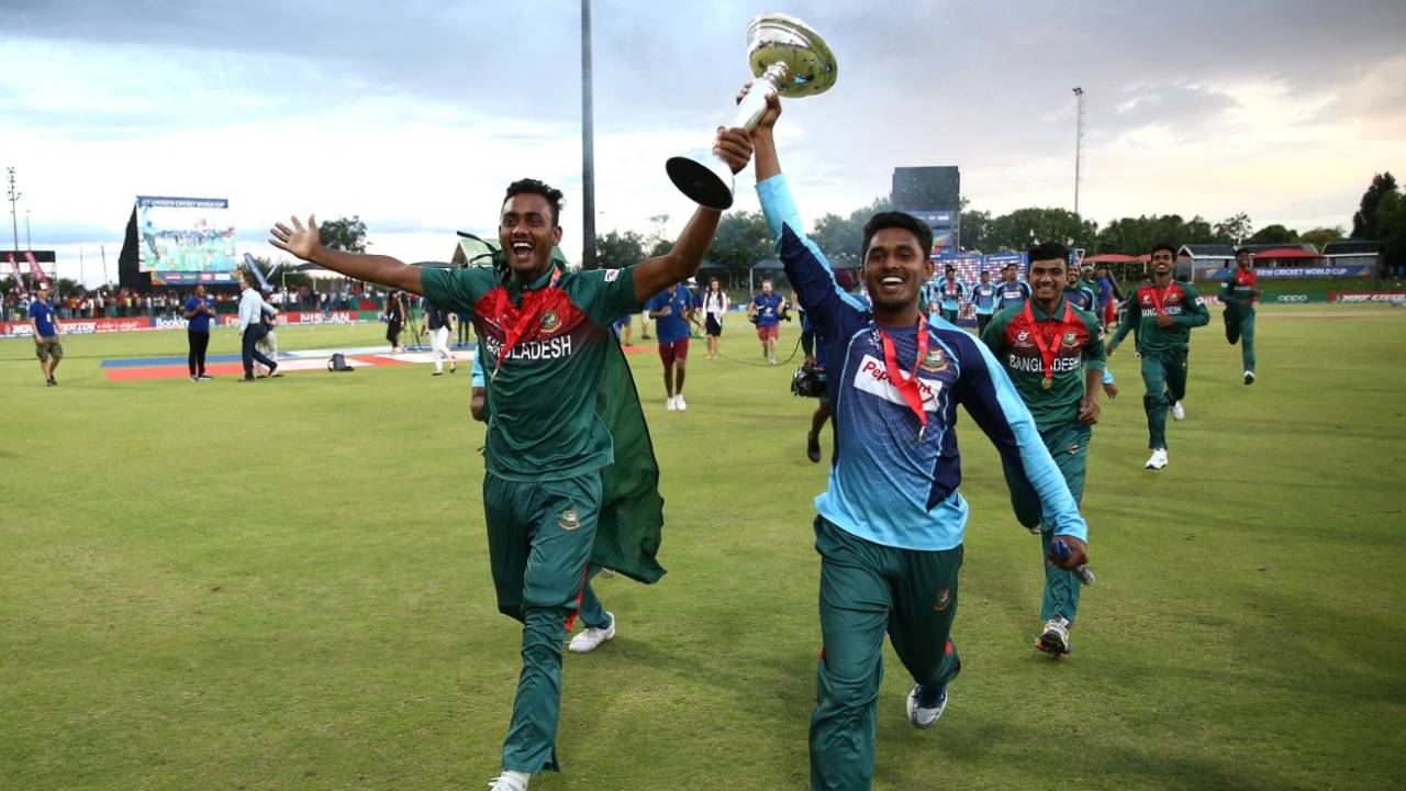 The Bangladesh players celebrate with the Under-19 World Cup Trophy, Bangladesh U-19 v India U-19, Final, Potchefstroom, February 9, 2020