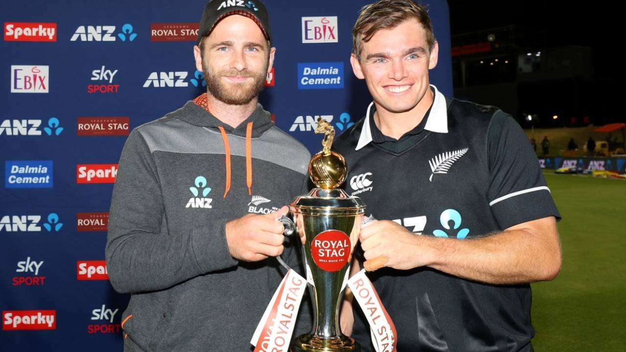 Kane Williamson and Tom Latham pose with the series trophy, New Zealand v India, 3rd ODI, Mount Maunganui, February 11, 2020