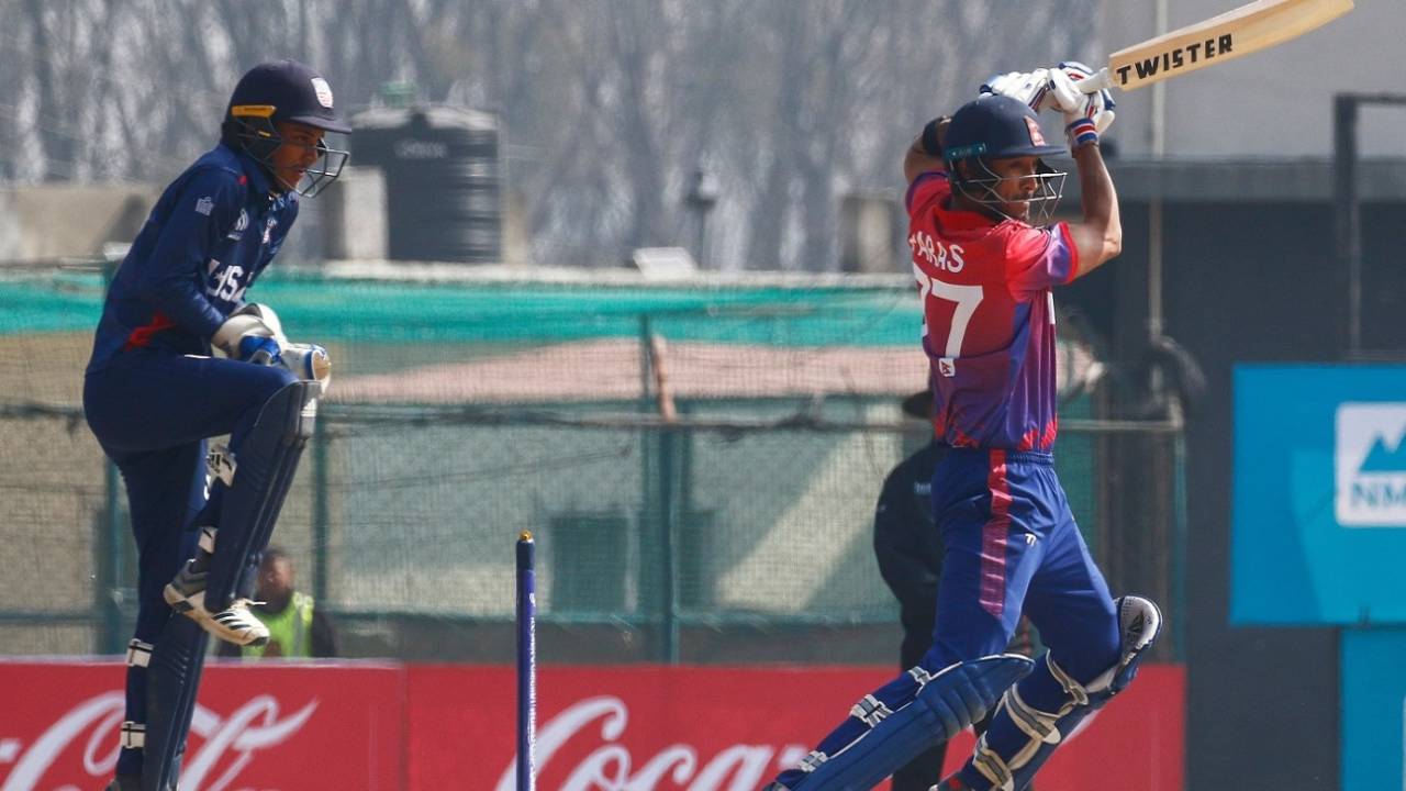 Paras Khadka punches one off the back foot, Nepal v USA, Men's CWC League 2, Kirtipur, February 12, 2020