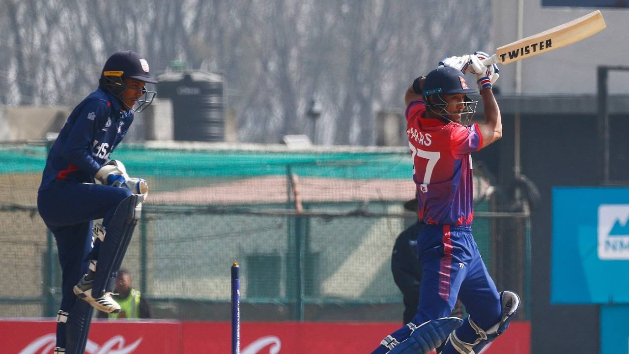 Paras Khadka punches one off the back foot, Nepal v USA, Men's CWC League 2, Kirtipur, February 12, 2020