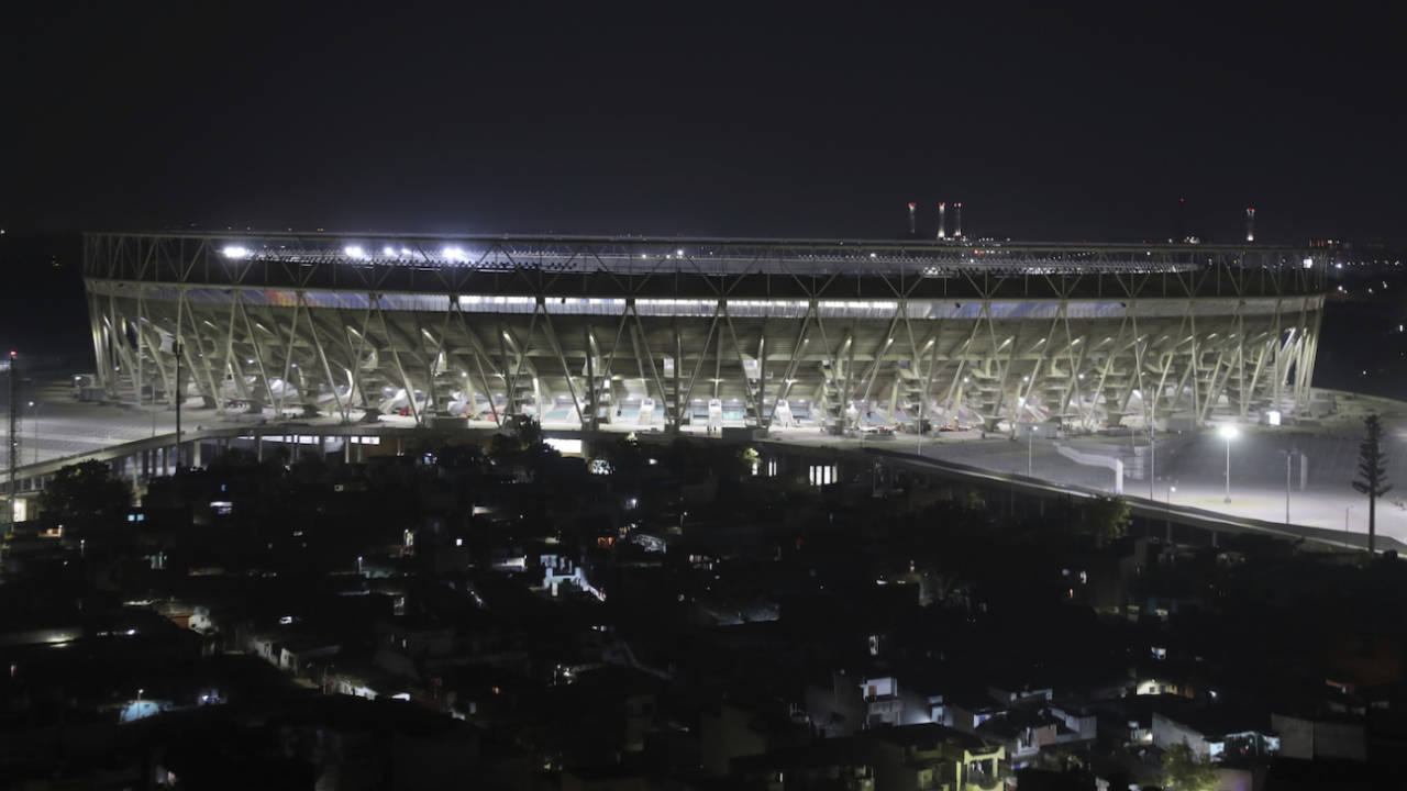 An illuminated view of the new stadium in Ahmedabad, Ahmedabad, February 12, 2020