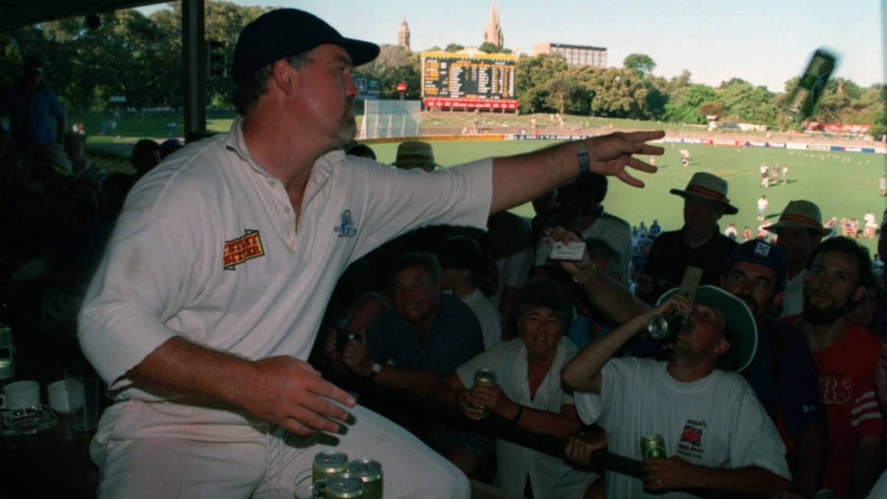 Mike Gatting throws beers to England supporters after the Test win, Australia v England, 4th Test, Adelaide, 5th day, January 30, 1995