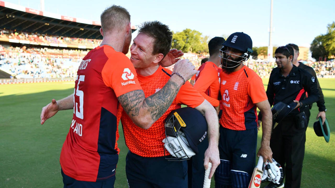Eoin Morgan embraces Ben Stokes after sealing victory in the match and a 2-1 series triumph&nbsp;&nbsp;&bull;&nbsp;&nbsp;Getty Images