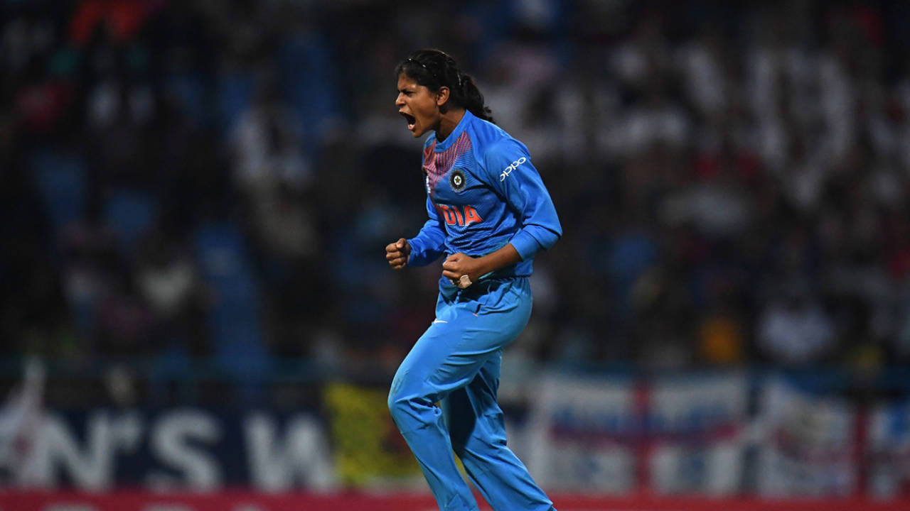 Radha Yadav celebrates a wicket against England in the semi-final of the T20 World Cup in 2018. The following year kicked off a golden run in T20I bowling for her&nbsp;&nbsp;&bull;&nbsp;&nbsp;ICC/Getty Images