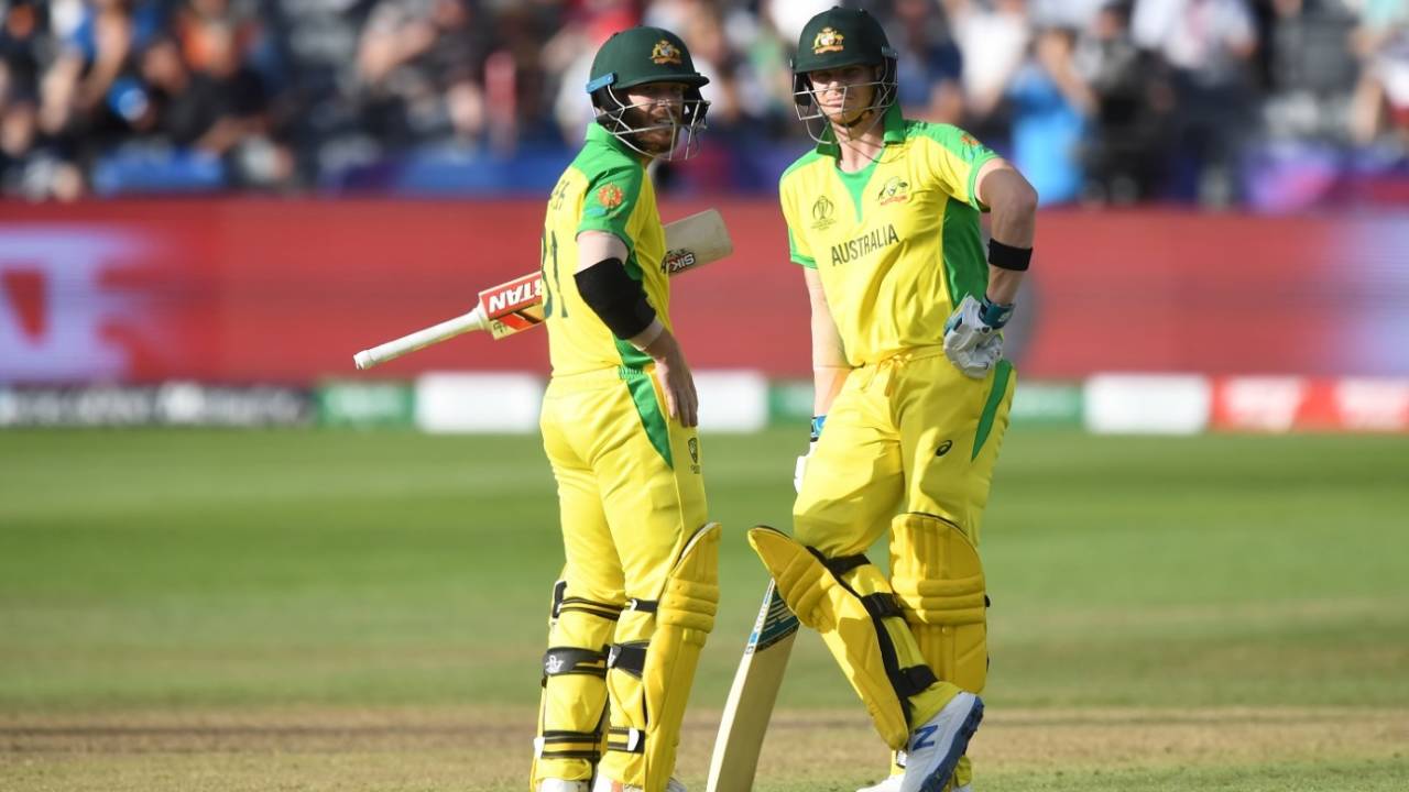David Warner and Steven Smith in a mid-innings discussion, Afghanistan v Australia, World Cup 2019, Bristol, June 1, 2019