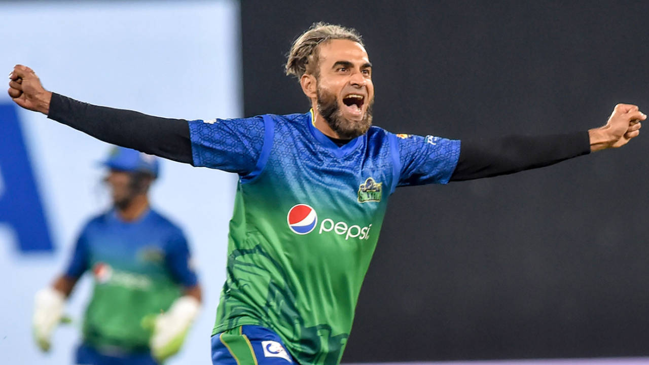 Imran Tahir celebrates a wicket in trademark fashion&nbsp;&nbsp;&bull;&nbsp;&nbsp;Arif Ali/AFP via Getty Images