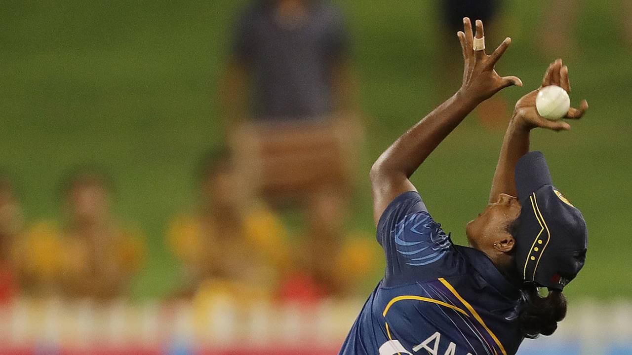 Ama Kanchana drops a chance off Sophie Devine on a poor night for Sri Lanka's fielding