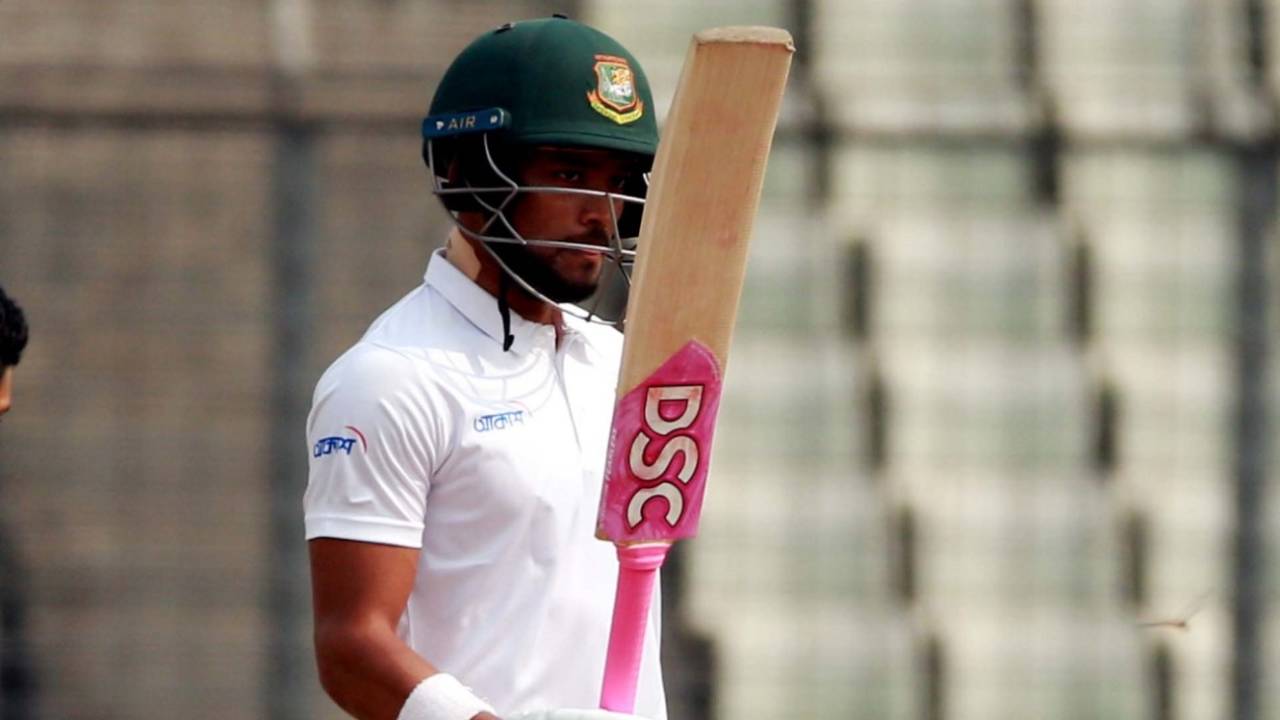 Najmul Hossain Shanto raises his bat after getting to his fifty, Bangladesh v Zimbabwe, Only Test, Dhaka, 2nd day, February 23, 2020