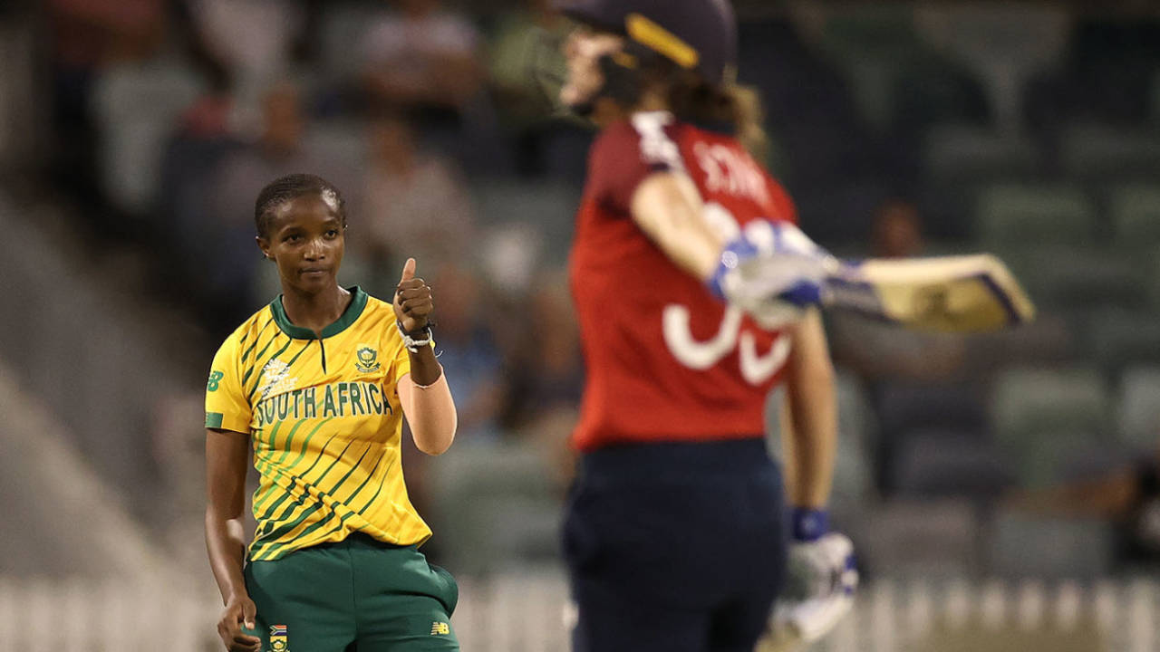 Ayabonga Khaka celebrates after taking the wicket of Natalie Sciver, England v South Africa, ICC Women's T20 World Cup, Perth, February 23 2020