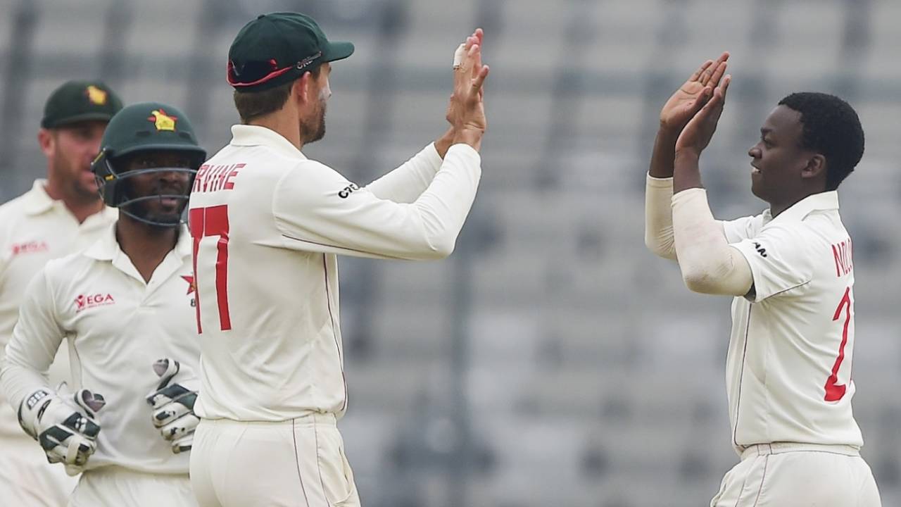 Ainsley Ndlovu celebrates a wicket, Bangladesh v Zimbabwe, Only Test, Dhaka, 3rd day, February 24, 2020